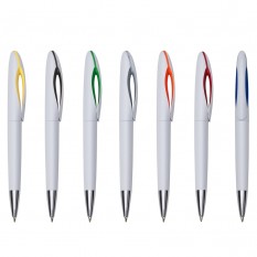 Caneta plástica branca com detalhe colorido Personalizada para Brinde