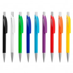 Caneta plástica colorida com detalhes em prata Personalizada